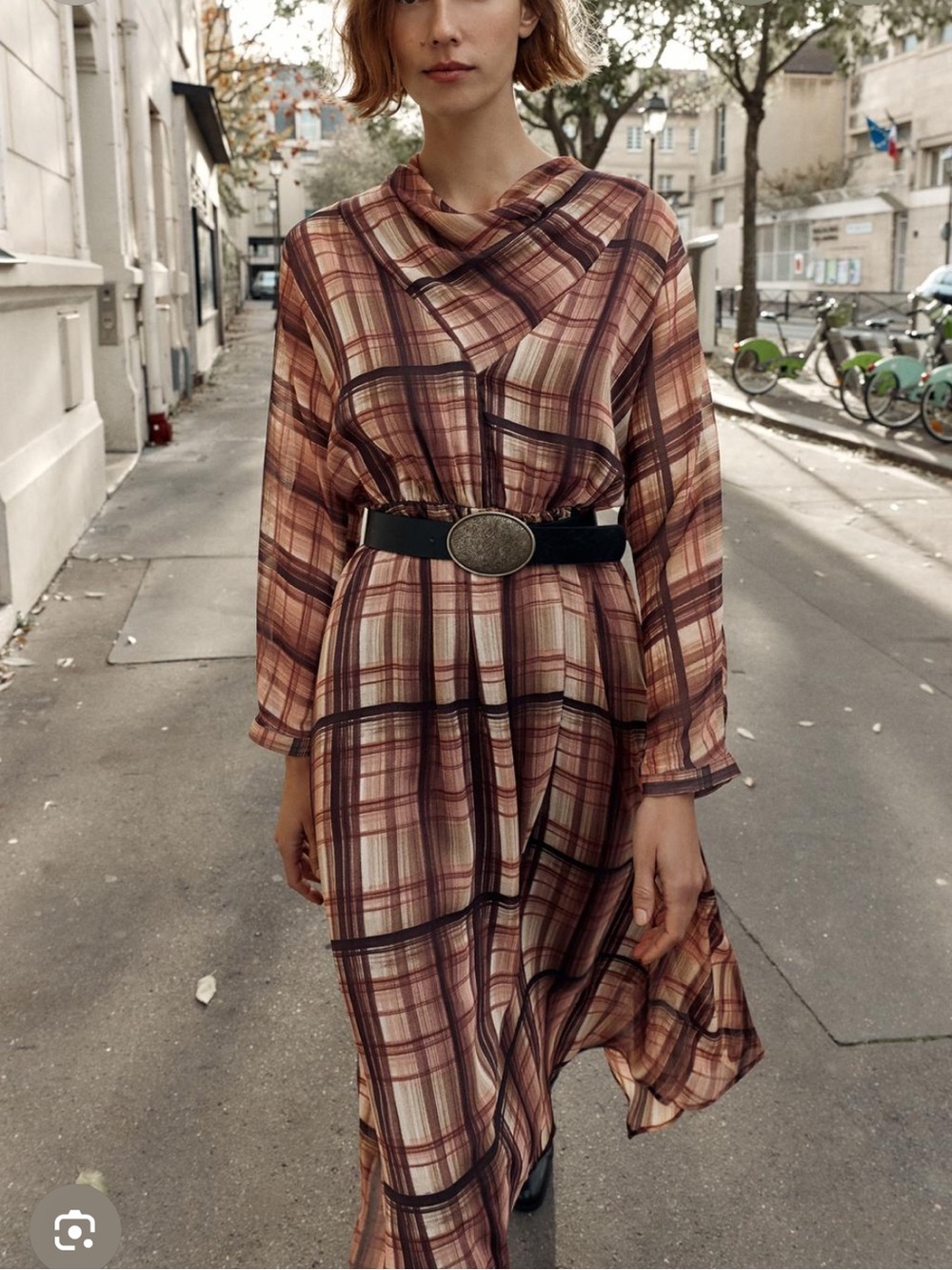 Plaid Midi Dress in Brown Tones